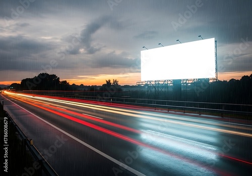 Illuminated billboard on the side of a highway during a rainy night with blurred car lights streaking across the wet asphalt under a cloudy sky at sunset
