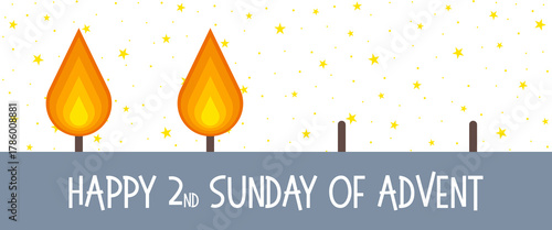 Happy 2nd Sunday of Advent - Schriftzug in englischer Sprache - Einen schönen 2. Adventssonntag. Grußkarte mit zwei Flammen und Sternenhintergrund.