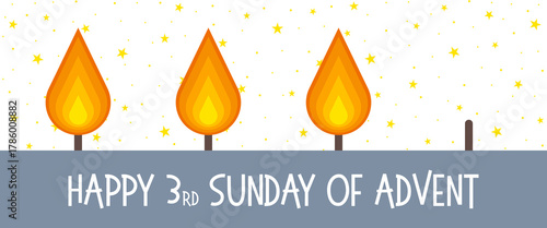Happy 3rd Sunday of Advent - Schriftzug in englischer Sprache - Einen schönen 3.  Adventssonntag. Grußkarte mit drei Flammen und Sternenhintergrund.
