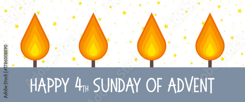 Happy 4th Sunday of Advent - Schriftzug in englischer Sprache - Einen schönen 4. Adventssonntag. Grußkarte mit vier Flammen und Sternenhintergrund.