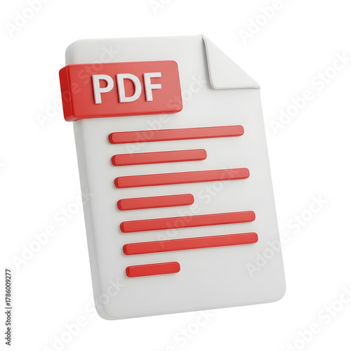 Professional 3D PDF document icon symbolizing data transfer, reports, and digital information for business and technology presentations