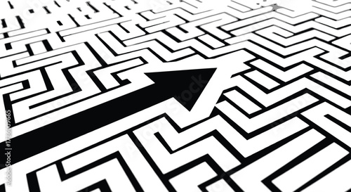 Black arrow breaks through a complex white maze symbolizing overcoming challenges and finding a clear path forward