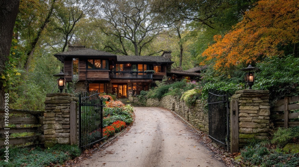 Fototapeta premium A rustic wooden home nestled within a leafy landscape.