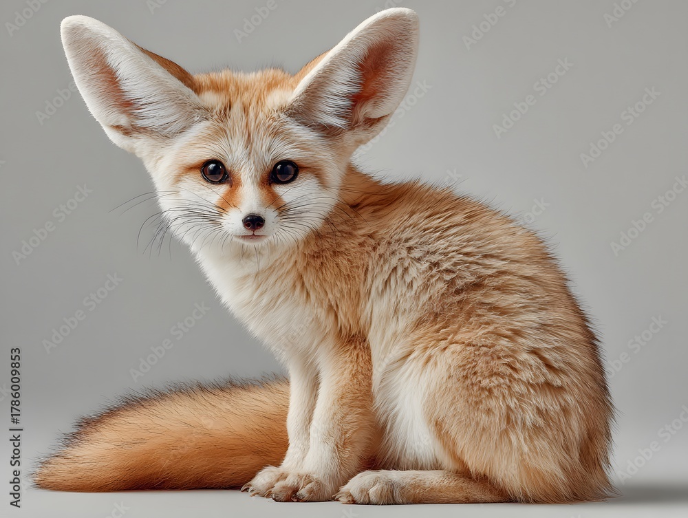 Obraz premium Full-body studio portrait of an incredibly cute fennec fox is captured against a clean white background. Its large, prominent ears and soft, sandy fur are in very sharp focus.