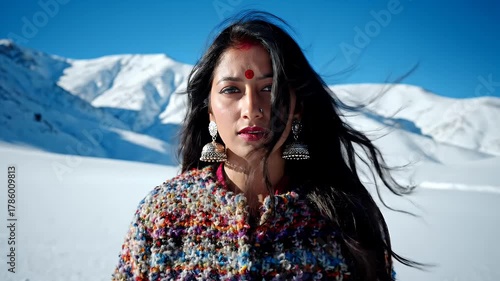 Woman Posing In Colorful Jacket With Mountain Background And Blue Sky