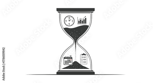Hourglass symbolizing time management with clock calendar to do list and growth chart icons representing productivity and business planning