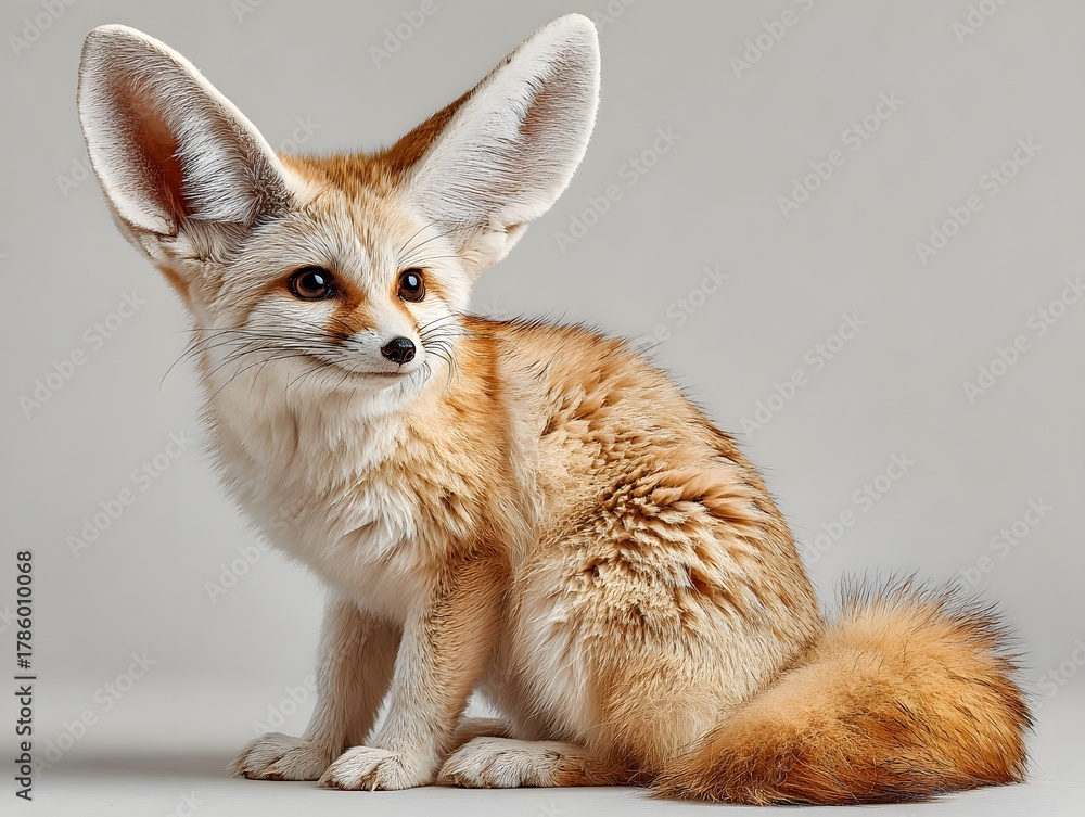 Obraz premium Full-body studio portrait of an incredibly cute fennec fox is captured against a clean white background. Its large, prominent ears and soft, sandy fur are in very sharp focus.