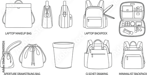 Collection of minimalist bag and backpack design sketches including laptop makeup bag, drawstring pouch, and travel fashion accessory concepts