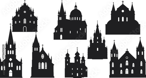 church, silhouette, dome, spire, steeple, cross, gothic, orthodox, architecture, landmark, building, vector, icon, black, design, church silhouette, gothic dome, religious building, architectural icon