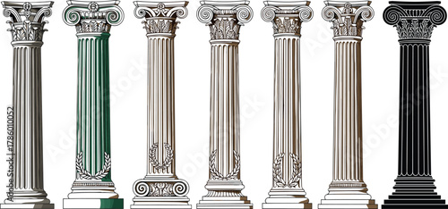 Classical column vector, Doric Ionic Corinthian, architectural styles, fluted shaft illustration, ornate capital design, ancient structure, cad drawing flat vector illustration