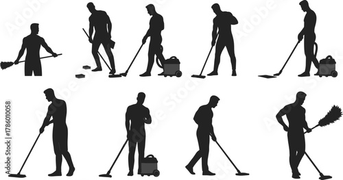 Cleaning worker silhouette, hygiene tools, domestic chores, vacuuming, dusting, mopping, cleaning service icon, editable flat illustration, black vector art