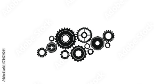 A collection of black gears of various sizes interlocked and arranged in a dynamic cluster against a clean white background