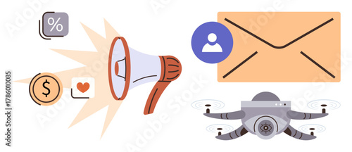 Megaphone emitting icons of percentage, money, heart, envelope, and profile. quadcopter carrying a parcel. Ideal for marketing, advertising, e-commerce communication networking technology