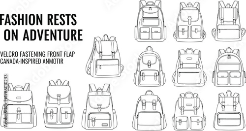 Minimalist backpack design collection showcasing various modern travel bags with front flap, pocket styles, and adventure fashion inspiration concept