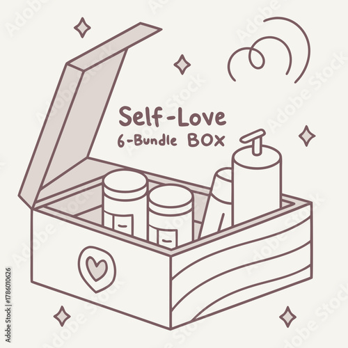 A selflove 6bundle box illustration with skincare products and heart detail