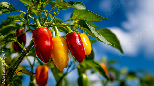 Red, yellow and green peppers hanging on the plant against blue sky