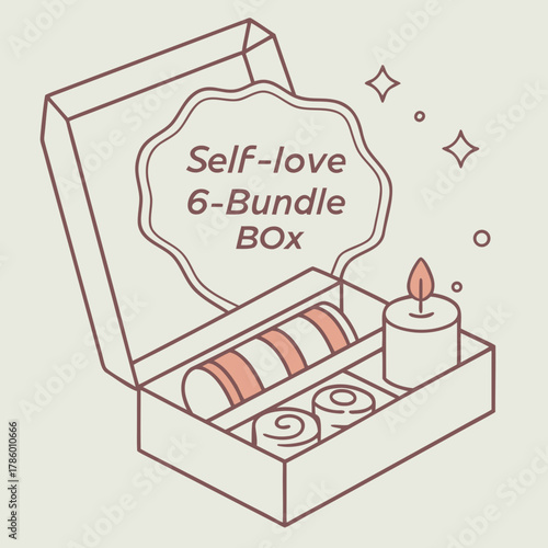 An illustration of a selflove 6bundle box with candle and beauty products
