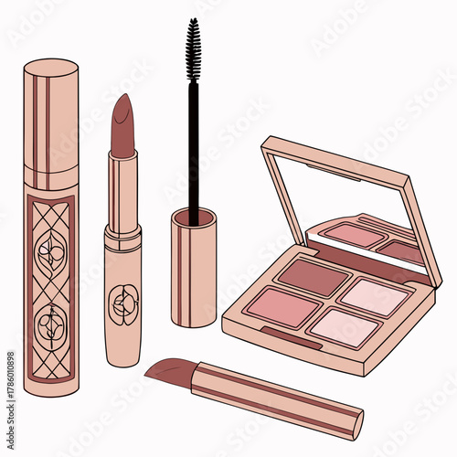 Cosmetic set with eyeshadow palette, lipstick, mascara, and brush on white