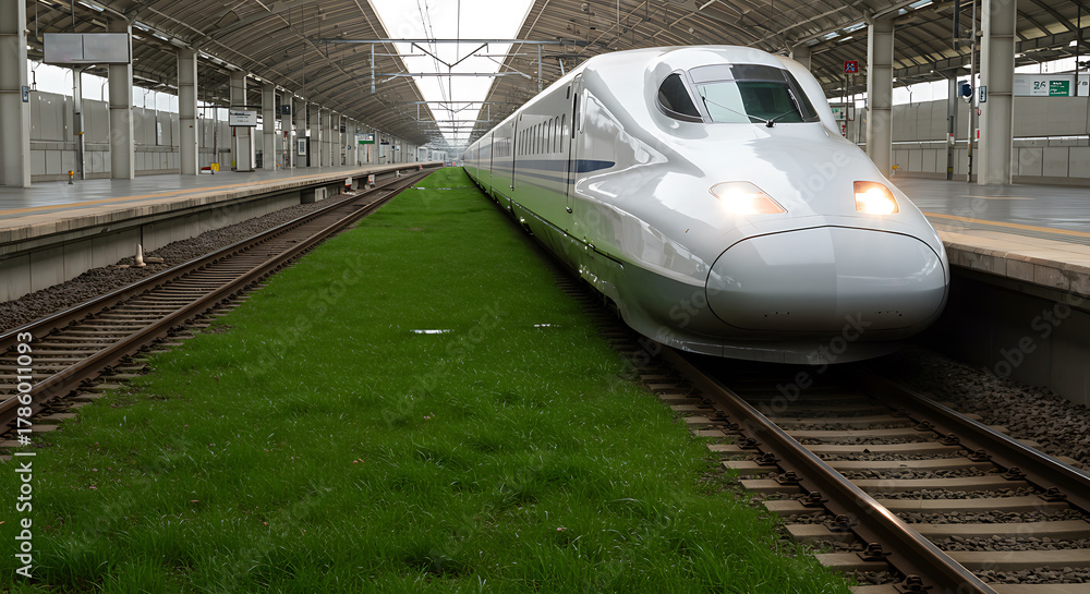 Fototapeta premium Modern Bullet Train Arriving at a High Speed Railway Station Platform