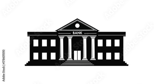 Classic black silhouette of a bank building with columns and the word bank above the entrance on a white background