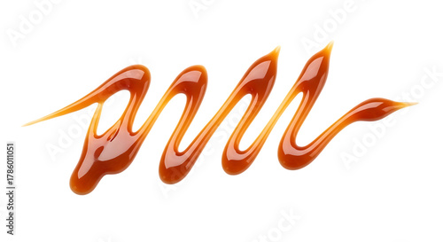 Swirl of glossy liquid caramel sauce with light and dark brown tones, cutout, PNG isolated on white or transparent background