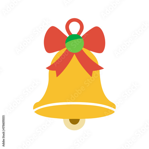 Golden bell decorated with red ribbon and green bobble  