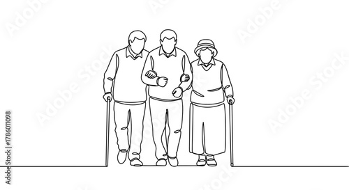 Elderly couple walking with support of adult son in a simple linear black and white design