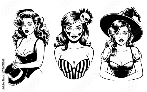 Three vintage style pin up girls with different costumes and accessories