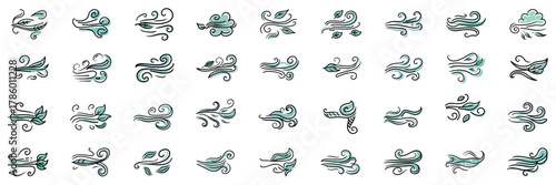 Hand-Drawn Wind and Leaf Swirls Vector Icon Set. Vector Collection of Dynamic Wind, Air, and Leaf Elements. Doodle Style Nature Icon Set: Wind Gusts and Falling Leaves