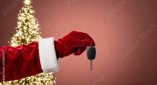 Santa's hand holding car keys as a New Year's gift on gradient garnet background of decorated Christmas tree with free space