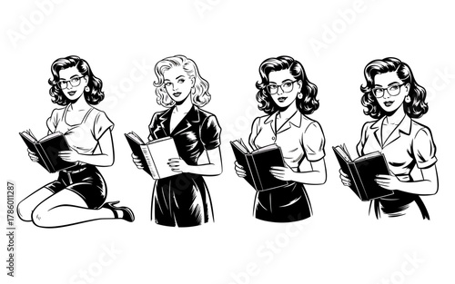 Vintage style women reading books collection black and white illustration