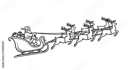 Santa Claus flying in sleigh with reindeer during Christmas season in in a linear black and white design 