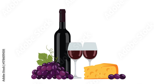 A bottle of red wine with two glasses, grapes, and a piece of cheese is a perfect setting for a cozy evening.