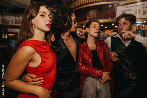 A stylish group of friends enjoys a night out at a bustling bar. A woman in a red dress stands close as others chat and smoke, capturing a lively urban party moment.