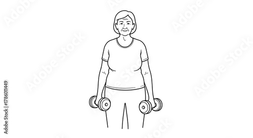 Older woman exercising with dumbbells in a fitness setting vector illustration in a simple linear black and white design