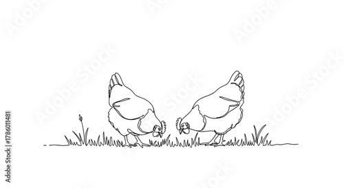 Two chickens foraging on grass in a minimalist sketch style  