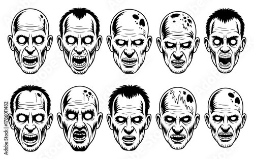 Collection of ten terrifying zombie faces in black and white