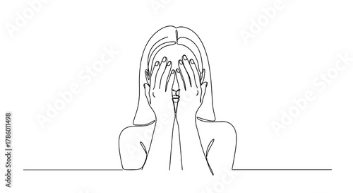 Woman with hands covering face illustrating sadness in linear design  