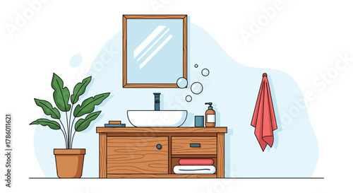 Illustrated bathroom vanity with a sink, mirror, plant, and towel.