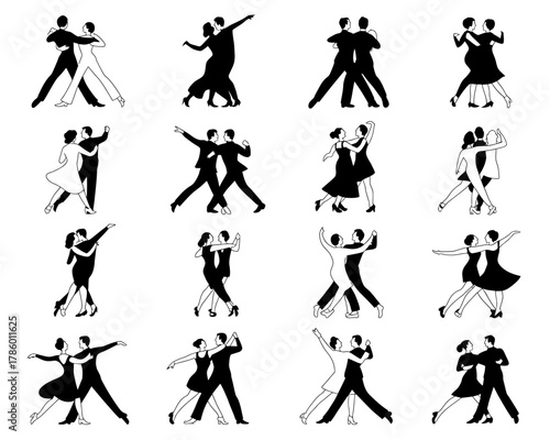 Collection of silhouettes of couples dancing ballroom styles