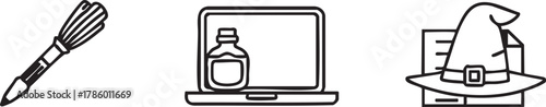 Set of Halloween icons including a broomstick potion bottle on laptop and witch hat isolated on transparent background