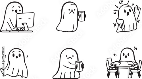 Collection of cute cartoon ghosts in various poses isolated on transparent background
