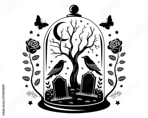 Gothic scene with crows and moon under a glass dome