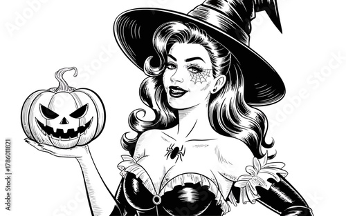 Vintage halloween witch holding a jack o lantern with spider web makeup