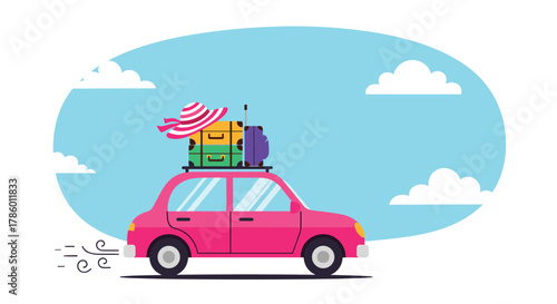 Pink car with luggage and a hat on the roof drives on a road under a blue sky with clouds.
