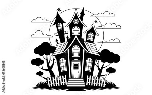 Spooky black and white haunted house silhouette with moon and clouds