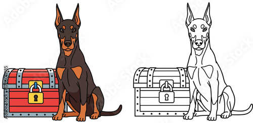 Doberman Dog Guarding a Treasure Chest - Cartoon Illustration with Outline Version