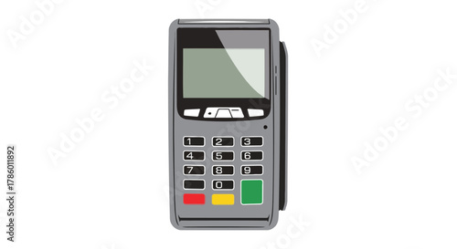 A modern gray credit card payment terminal with a digital screen and numeric keypad isolated on a white background