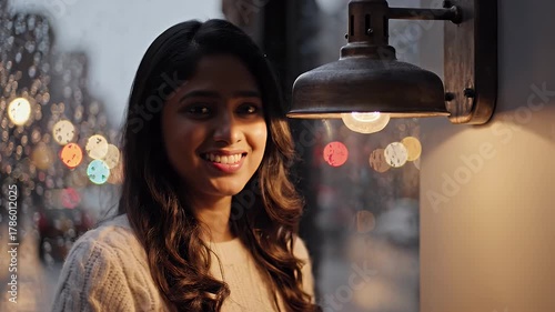 Young Woman Smiling by Window with Lamp and Blurred City Lights in the Background
