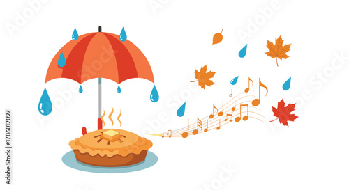 A hot pie protected by an umbrella with rain, autumn leaves, and music notes floating around.